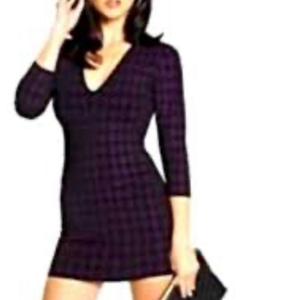 Marciano Black and Purple Glitter Houndstooth Bodycon Bandage Mini Dress